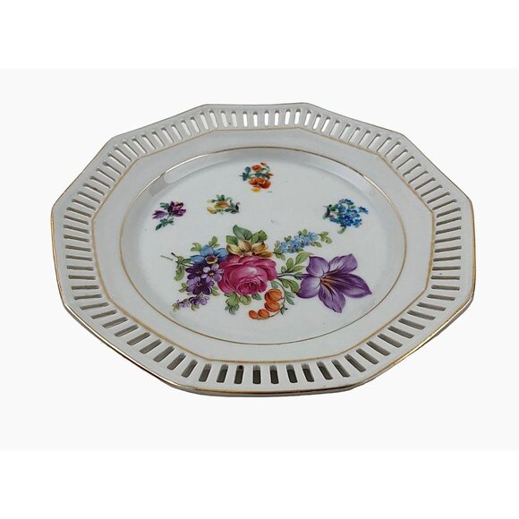 Schumann Small Plate Bavaria Floral Pattern Reticulated Gold Trim Vintage - Picture 4 of 10